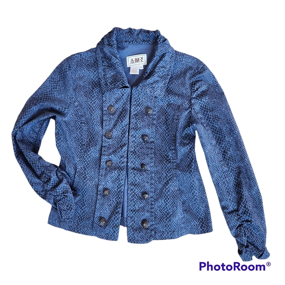 AMX Womens Contoured Fit Blue Snake Print  Blazer with Ruched Collar PL